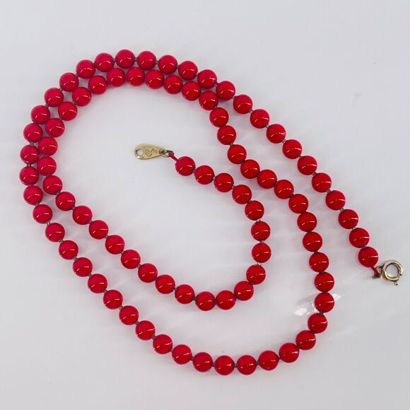 Oops A Daisy Signed Red Enamel Necklace Ball Chain Vintage Beads 25" Strand - Picture 9 of 9